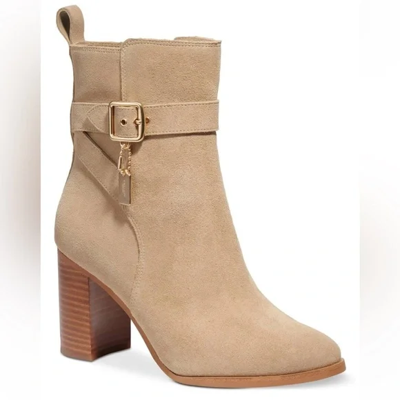 COACH Olivia Suede Bootie Women's Boots Oat Color Size 6.5 Heel Side Zip Gold - Picture 2 of 14